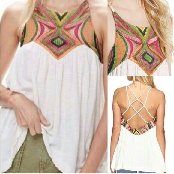 FREE PEOPLE BEACH DATE WHITE FLOWY STRAPPY TANK TOP MULTICOLOR EMBROIDERY - Picture 1 of 7